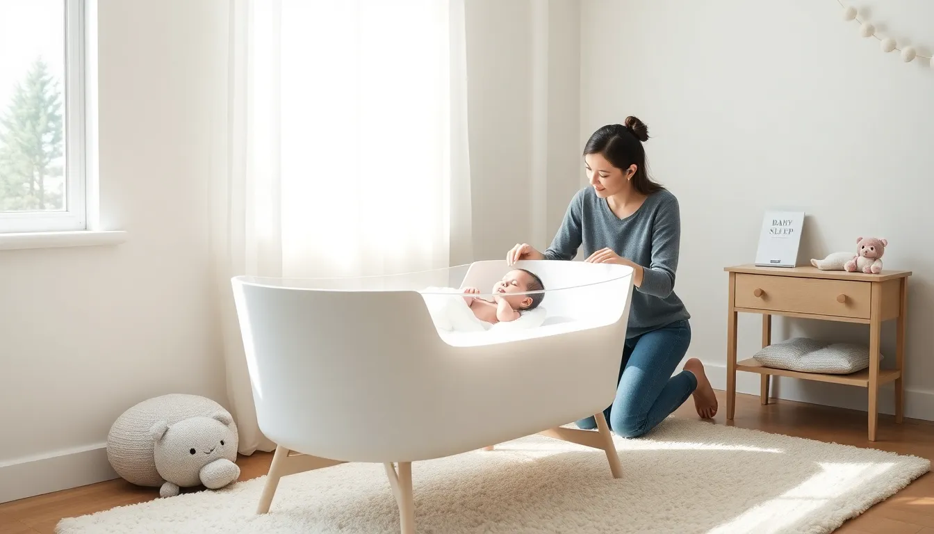 newborn sleeping in a bassinet in a serene nursery.