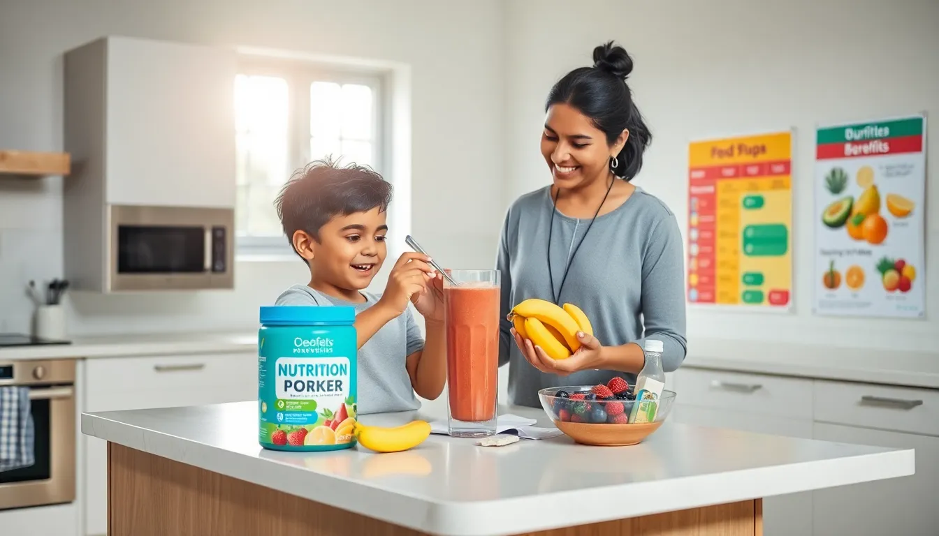 parent and child mixing a healthy smoothie in a bright kitchen.
