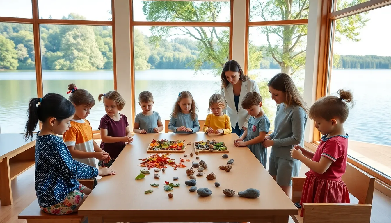 children engaged in hands-on learning in a Montessori classroom by a lake.