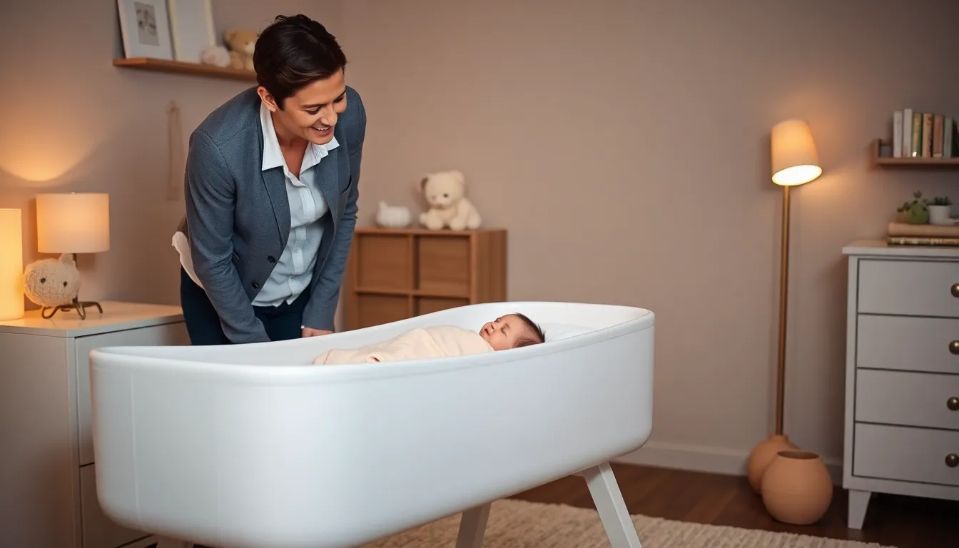 a peaceful nursery with a sleeping newborn in a bassinet.