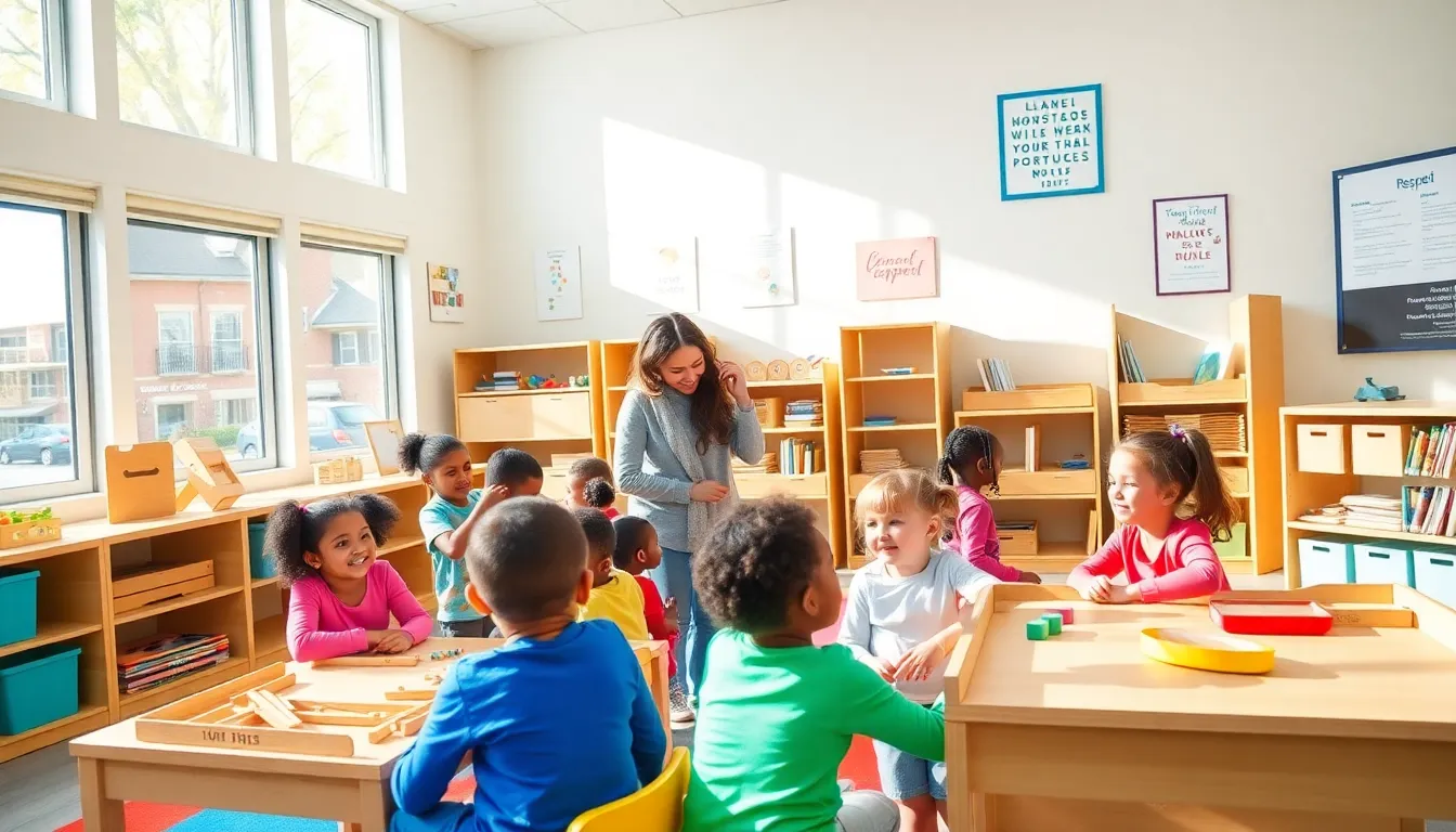 diverse children learning in a bright Montessori classroom.